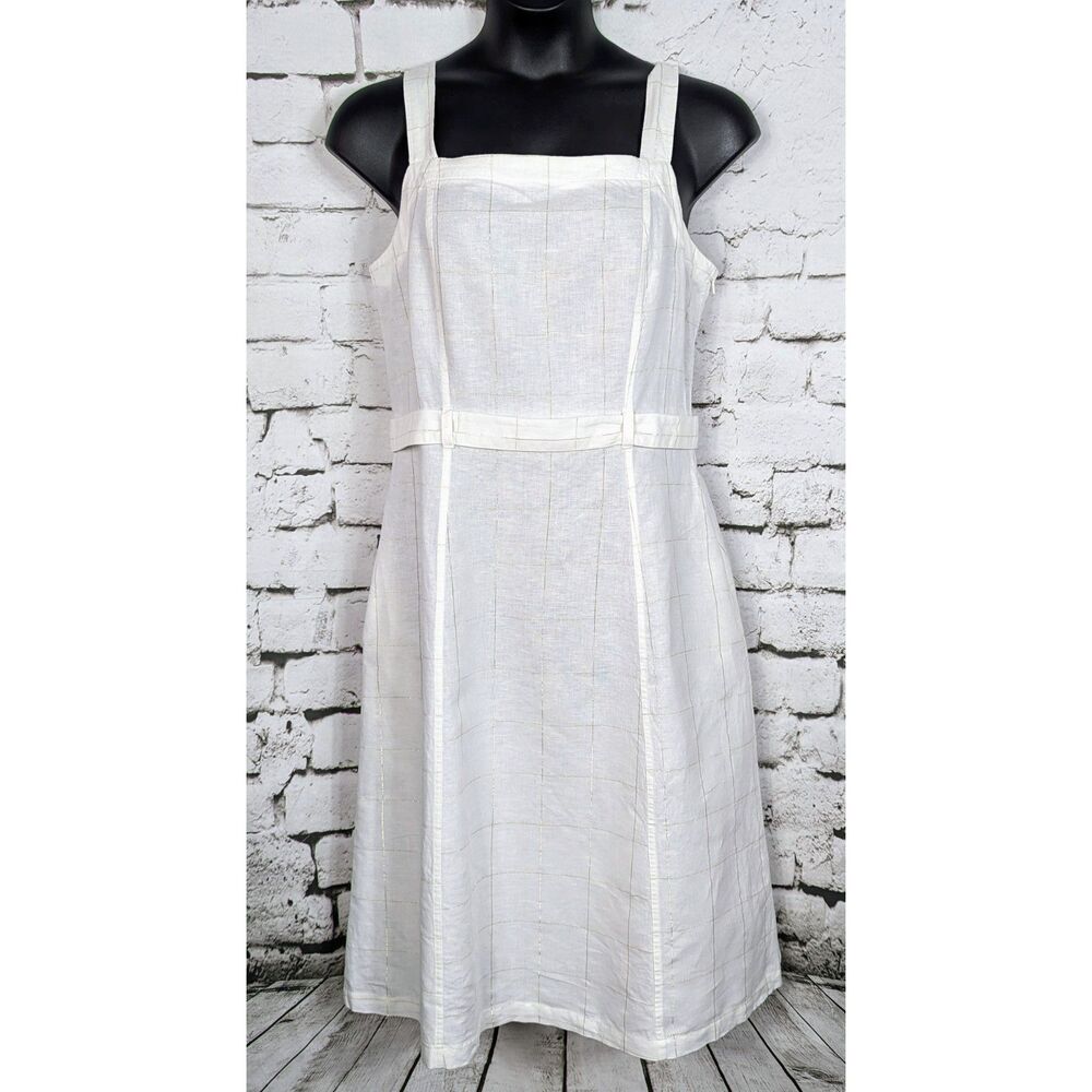 LIZ CLAIBORNE Boho Cottage Linen-Blend Pinafore Pockets Grid Plaid Midi Dress 14